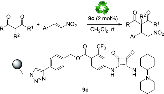 A polystyrene-supported, highly recyclable squaramide organocatalyst for the enantioselective Michael addition of 1,3-dicarbonyl compounds to beta-nitrostyrenes