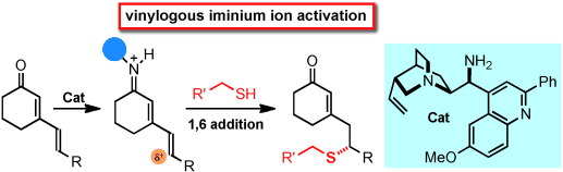Aminocatalytic enantioselective 1,6 additions of alkyl thiols to cyclic dienones: Vinylogous iminium ion activation
