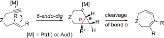 Missing cyclization pathways and new rearrangements unveiled in the gold(I) and platinum(II)-catalyzed cyclization of 1,6-enynes