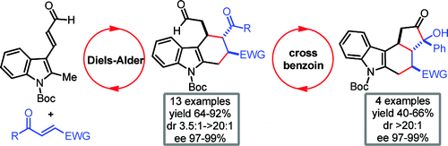 Multicatalytic asymmetric synthesis of complex tetrahydrocarbazoles via a Diels-Alder/benzoin reaction sequence